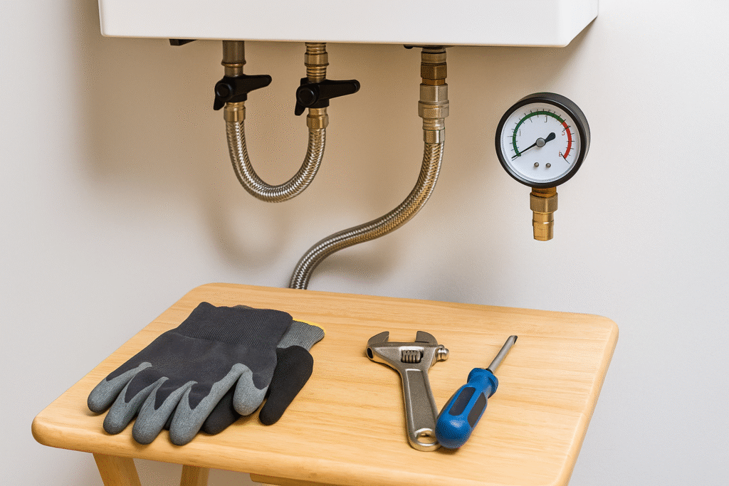 boiler filling loop with pressure gauge and tools ready for repressuring