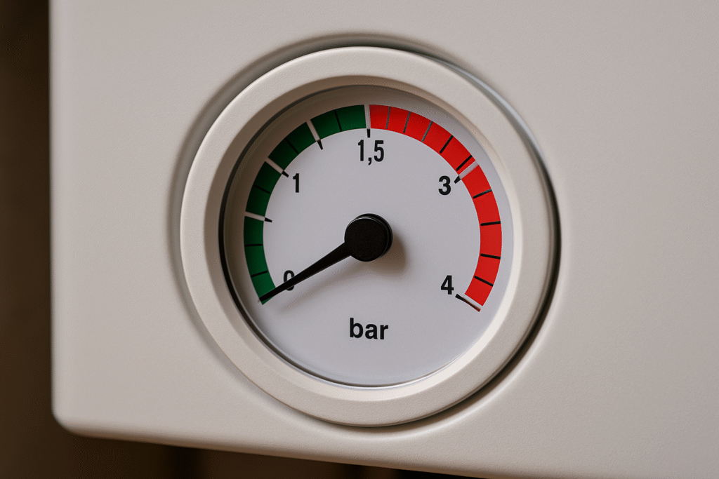 boiler pressure gauge showing reading below 1 bar before repressuring