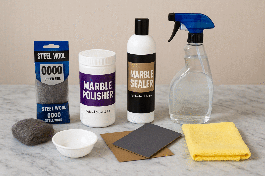 tools and products for DIY marble scratch repair on a table