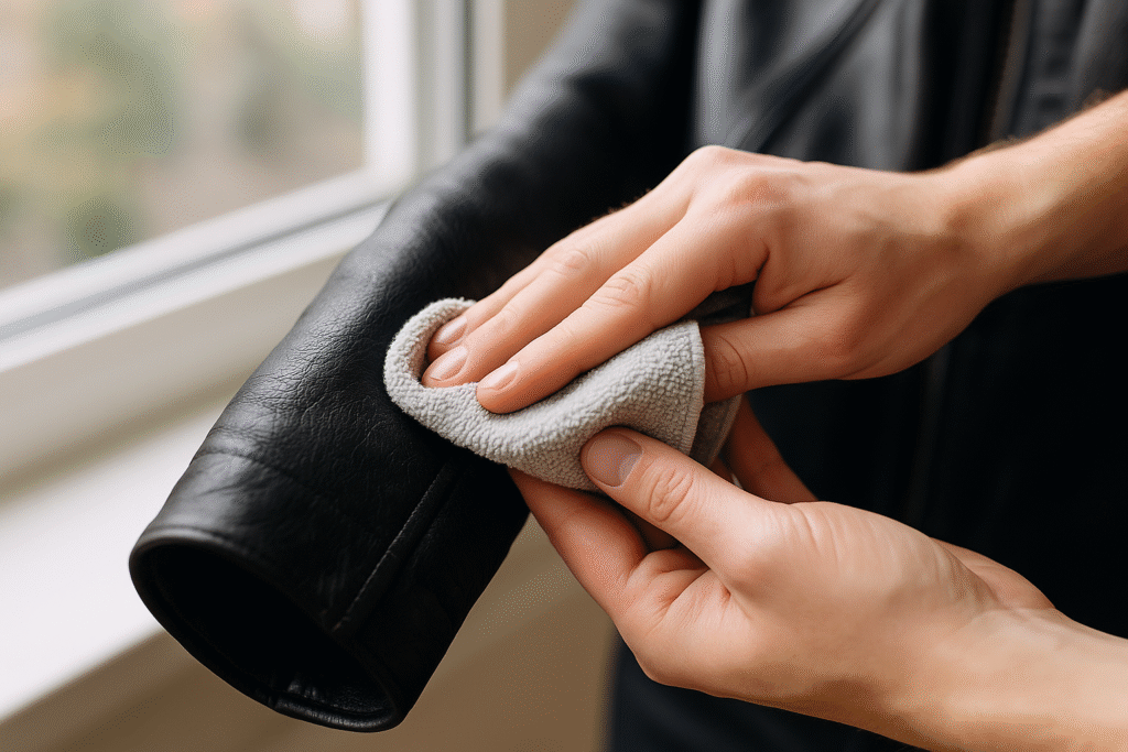 Cleaning a leather jacket sleeve with microfiber cloth