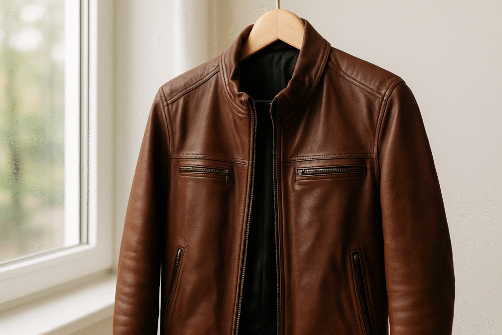 Brown leather jacket hanging on padded hanger
