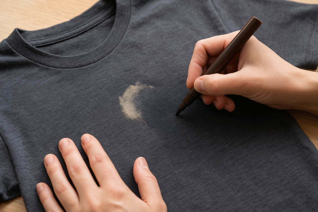 Restoring bleach stain with fabric marker on cotton shirt
