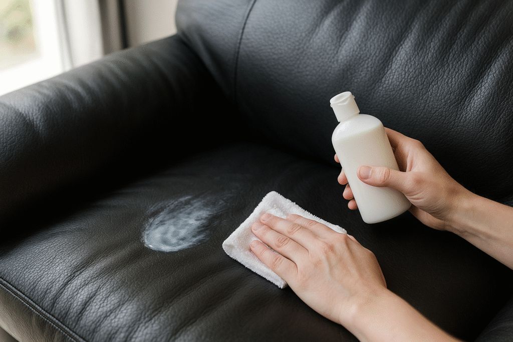 Applying conditioner to faux leather sofa with soft cloth