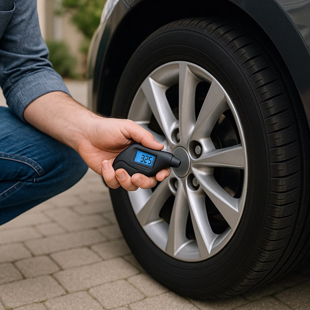 Driver using a digital tire pressure gauge on a car tire in a driveway, daylight setting