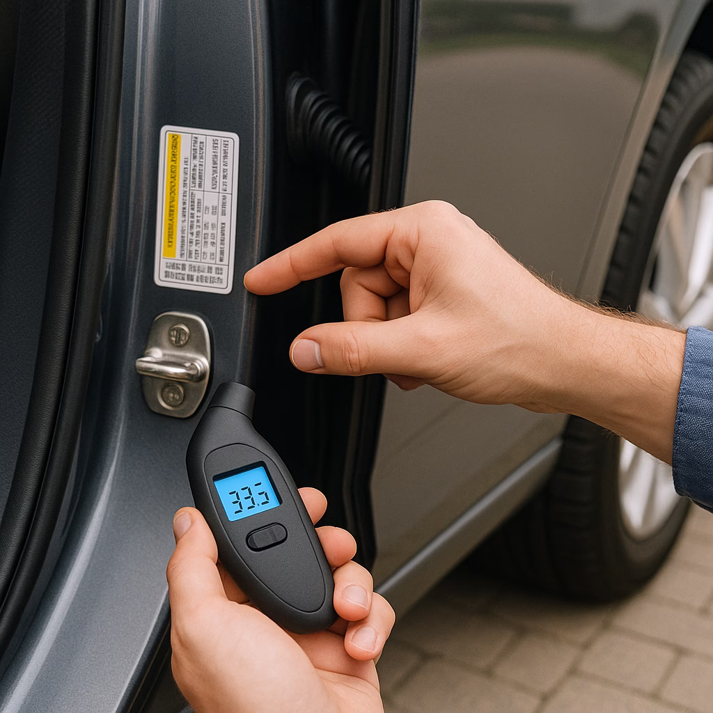 Car owner comparing tire gauge reading to door jamb PSI sticker in daylight