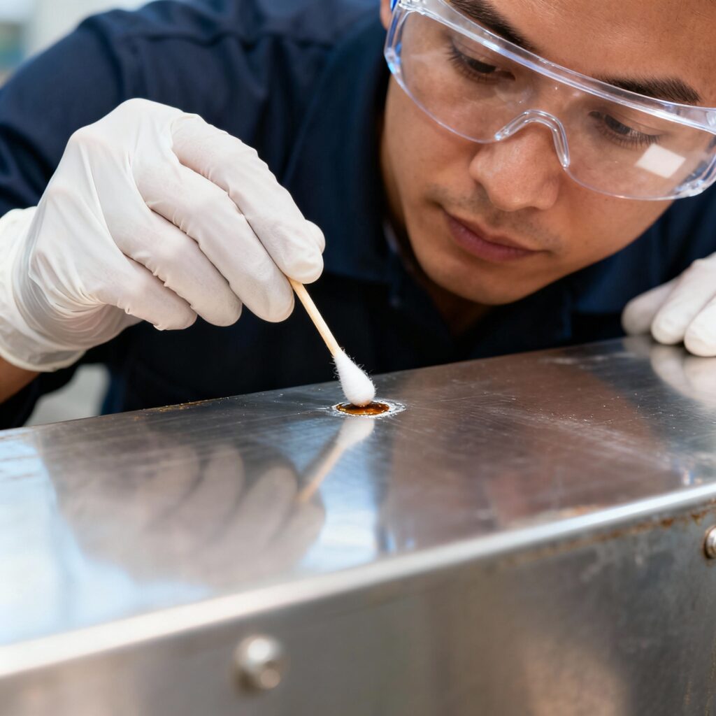 expert applying acetone with cotton swab to glue spot on metal surface