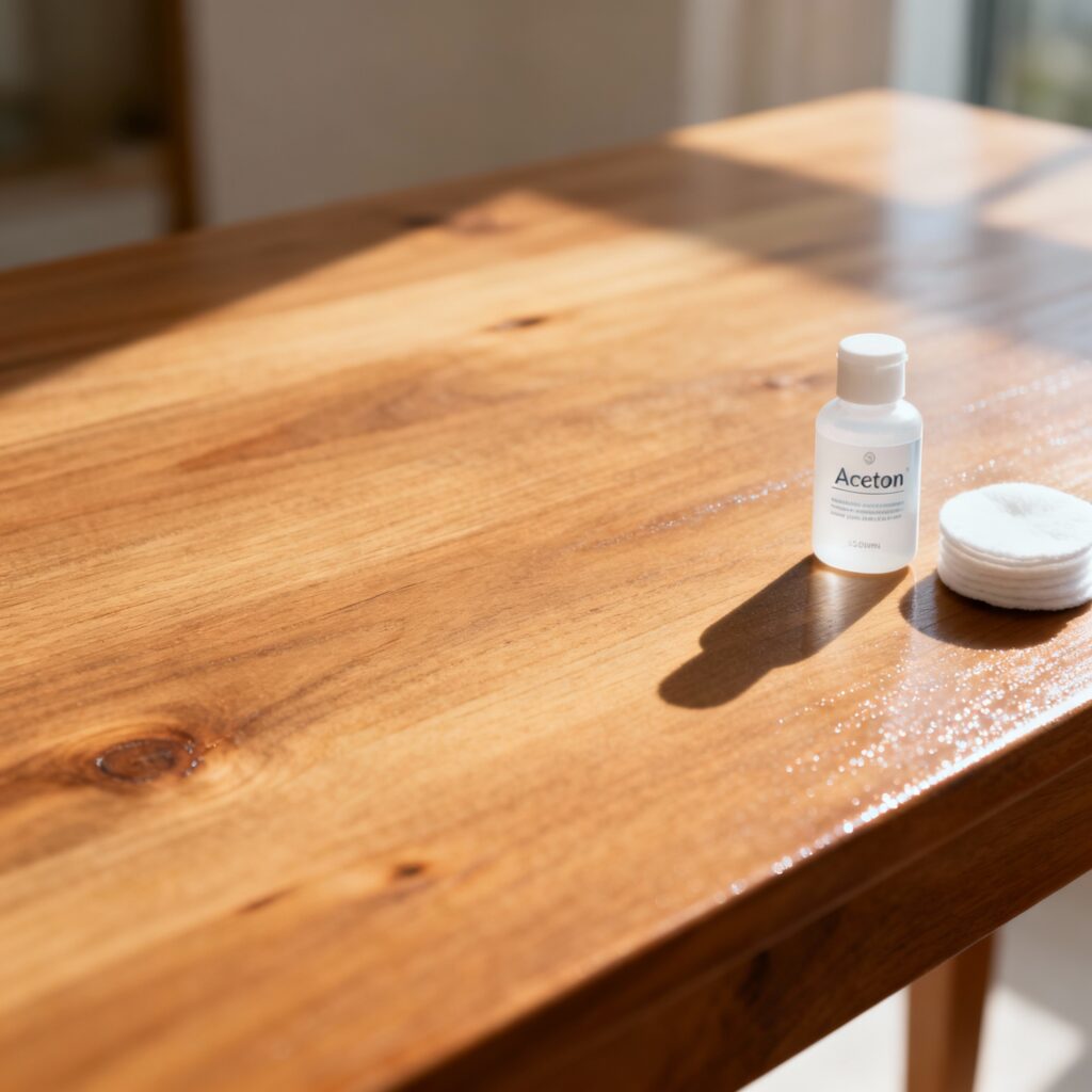 clean wooden surface with acetone bottle and cotton pads after glue removal